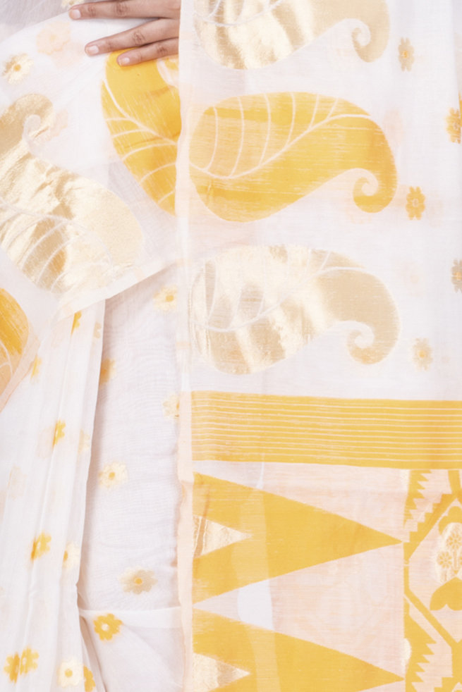 Yellow Pure Cotton Amachal_Jmdni Jamdani Saree (680)